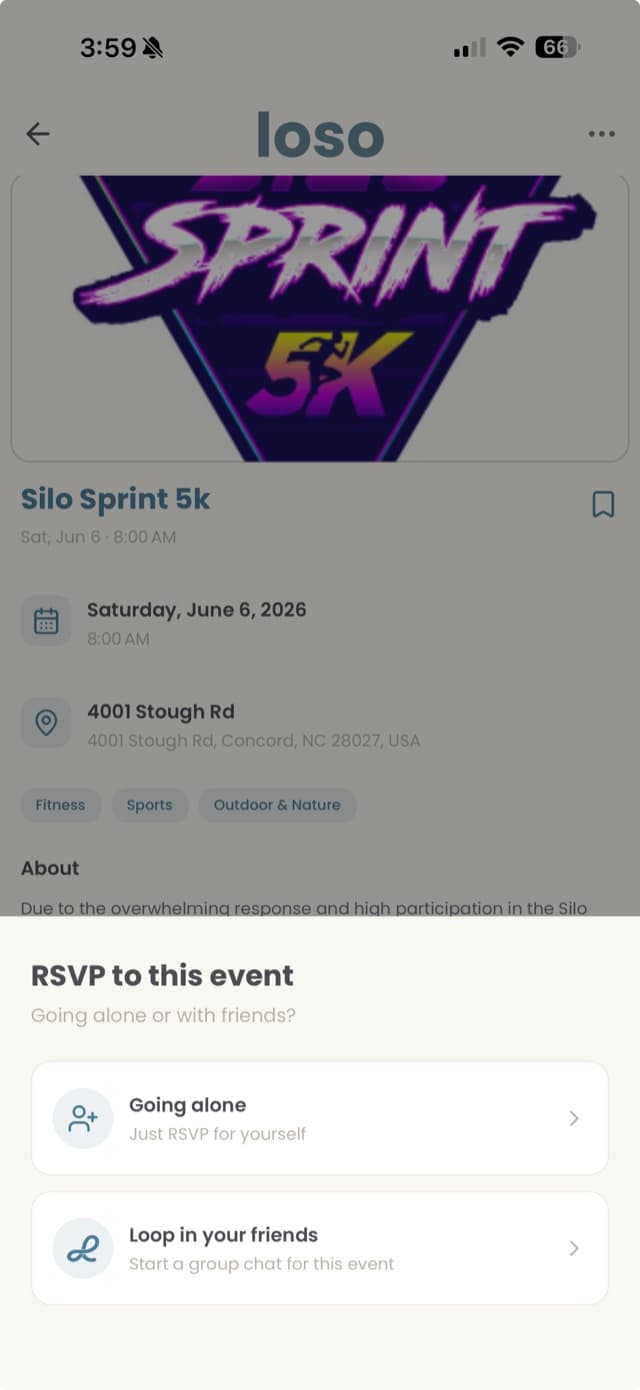 Event details with RSVP options in the loso app