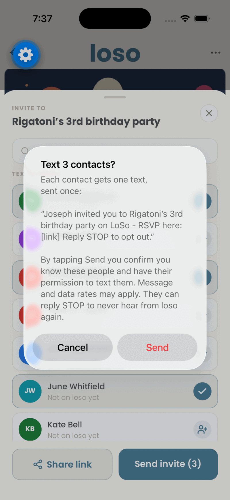LoSo confirmation screen requiring the sender to confirm they have permission to text the selected contacts